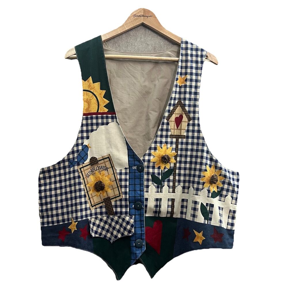 Women's Vintage Handmade Vest Size L/XL, Sunflowers,‎ Bird Houses, Hearts, Stars